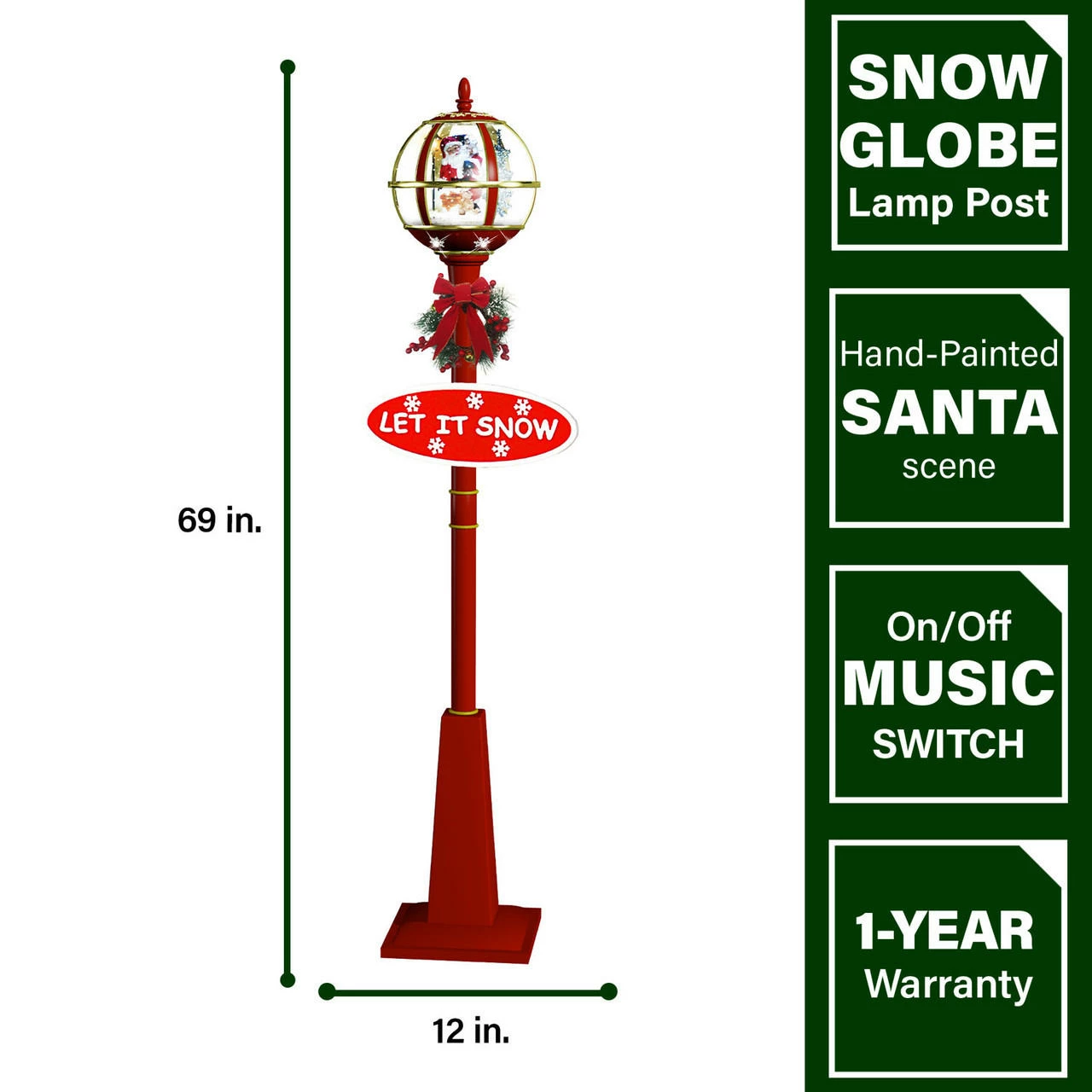 Fraser Hill Farm Let It Snow Series 69" Musical Globe Lamp Post In Red Featuring Santa Scene And Snow 4 Fraser Hill Farm Let It Snow Series 69" Musical Globe Lamp Post In Red Featuring Santa Scene And Snow - Image 4