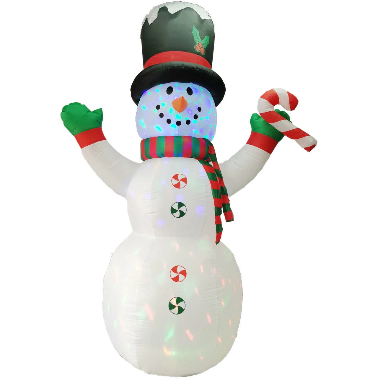 Fraser Hill Farm 8-Ft. Pre-Lit Multi-Color Inflatable Snowman with Peppermint Buttons And Candy Cane 1 Fraser Hill Farm 8-Ft. Pre-Lit Multi-Color Inflatable Snowman with Peppermint Buttons And Candy Cane