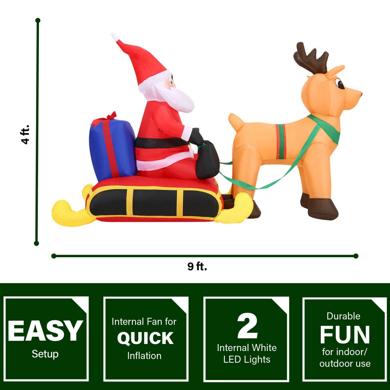 Fraser Hill Farm 4-Ft. Tall Pre-Lit Inflatable Santa In Sleigh 3 Fraser Hill Farm 4-Ft. Tall Pre-Lit Inflatable Santa In Sleigh - Image 3