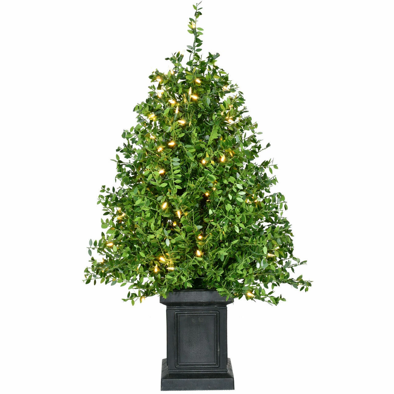Fraser Hill Farm 3-Ft. Boxwood Porch Tree In Black Pot With Warm White Lights 1 Fraser Hill Farm 3-Ft. Boxwood Porch Tree In Black Pot With Warm White Lights