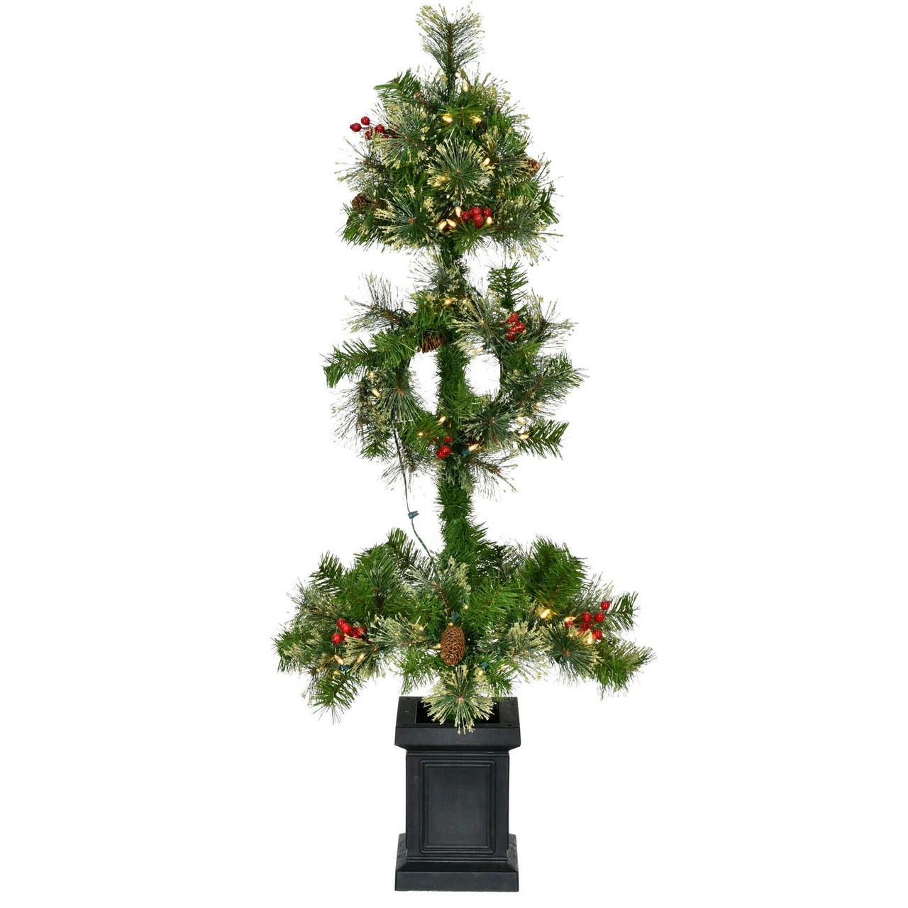 Fraser Hill Farm 4-Ft. Porch Tree Topiary In Black Pot With Pinecones, Berries, And Warm White LED Lights 1 Fraser Hill Farm 4-Ft. Porch Tree Topiary In Black Pot With Pinecones, Berries, And Warm White LED Lights