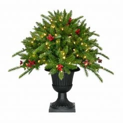 Fraser Hill Farm 3-Ft. Porch Tree In Black Pot With Red Berries And Warm White Lights
