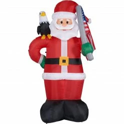 Fraser Hill Farm 8-Ft. Tall Americana Santa W/ A Bald Eagle, American Flag, Inflatable W/ Lights, Storage Bag