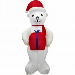 Fraser Hill Farm 8-Ft. Tall Inflatable Plush Polar Bear Holding Gift W/LED Lights, Blow-Up
