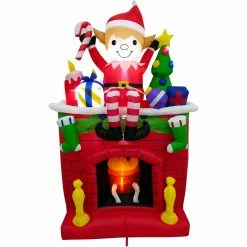 Fraser Hill Farm 6.5-Ft. Tall Inflatable Elf Sitting On Fireplace W/ LED Flickering Firelight, Blow-Up -Christmas store unnamed file 2848