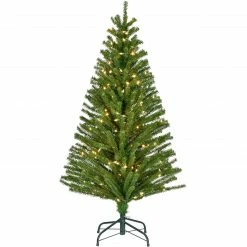 Fraser Hill Farm FHF 5' Downswept Farmhouse Fir, Metal Base, Warm White LED Lights - Green