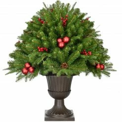 Fraser Hill Farm Joyful Porch Tree In Pedestal Urn With Pinecones, Berries, And Ornaments
