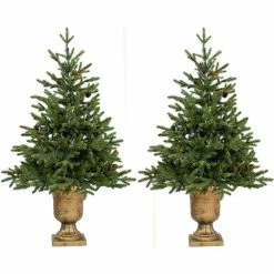 Fraser Hill Farm Noble Fir Set Of 2 Christmas Trees With Metallic Urn Base, Various Sizes And Lighting Options