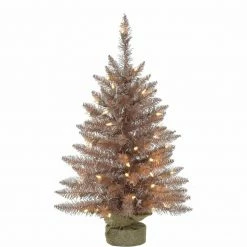 Fraser Hill Farm Festive Tinsel Christmas Tree W/ Burlap Bag And Warm White LED Lights, Blush