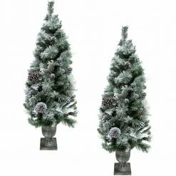 Fraser Hill Farm Set Of 2, 4-Ft. Christmas Snow Flocked Porch Trees W/ Oversized Pinecones
