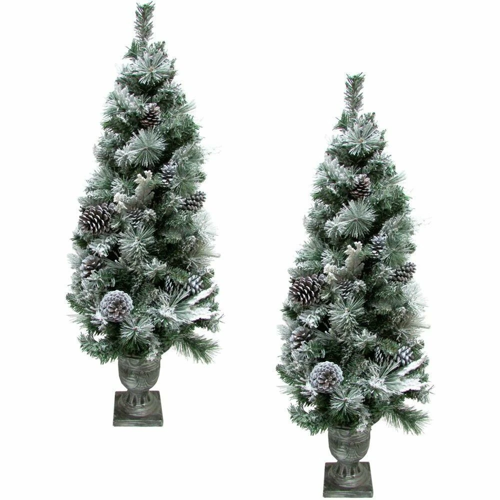 Fraser Hill Farm Set Of 2, 4-Ft. Christmas Snow Flocked Porch Trees W/ Oversized Pinecones 1 Fraser Hill Farm Set Of 2, 4-Ft. Christmas Snow Flocked Porch Trees W/ Oversized Pinecones