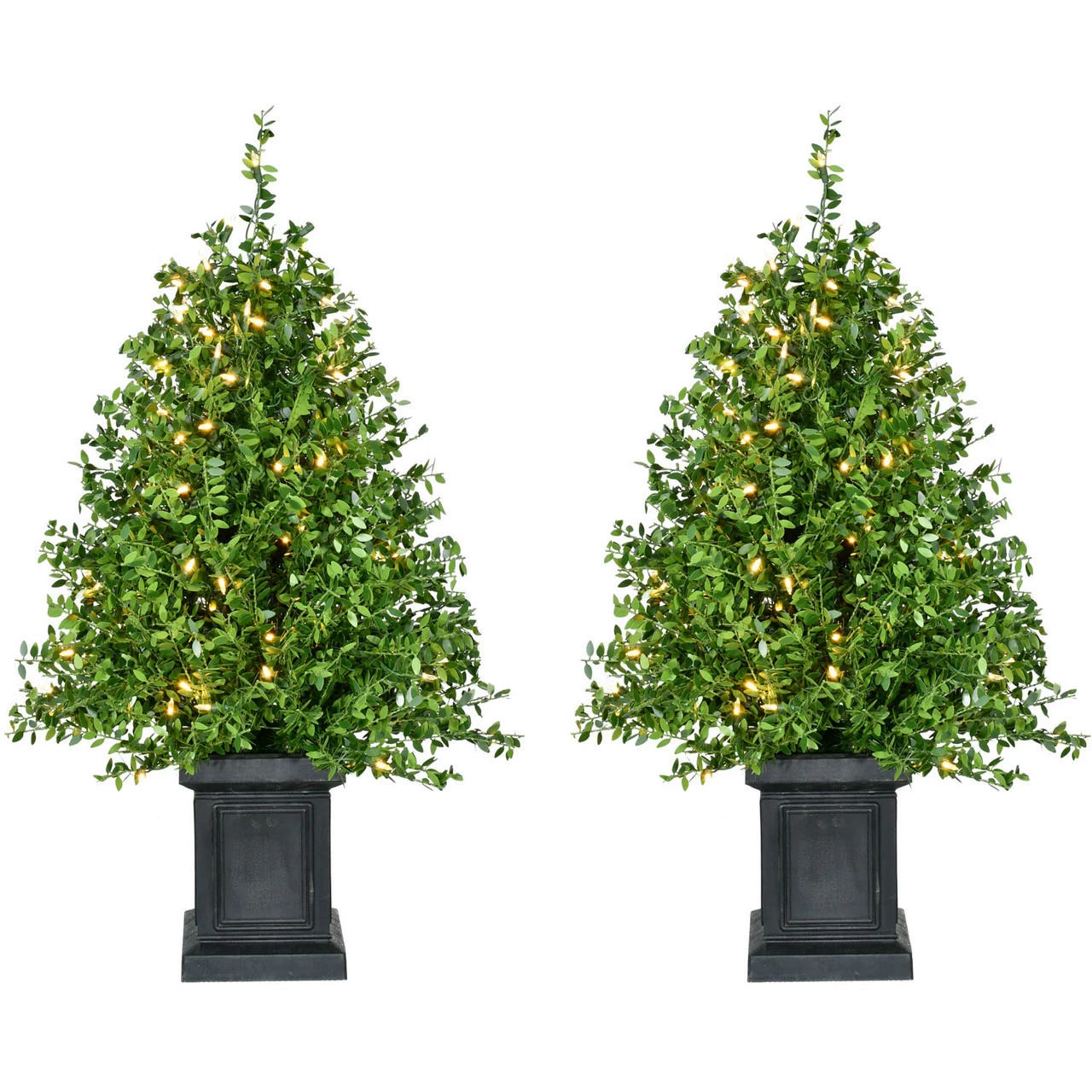 Fraser Hill Farm Boxwood Porch Tree In Black Pot With Warm White Lights, Set Of 2 1 Fraser Hill Farm Boxwood Porch Tree In Black Pot With Warm White Lights, Set Of 2