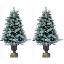 Fraser Hill Farm FHF 4.5' Porch Tree With Pincone, Gold Pedestal Pot, WW LED, SET 2 - Light Snow