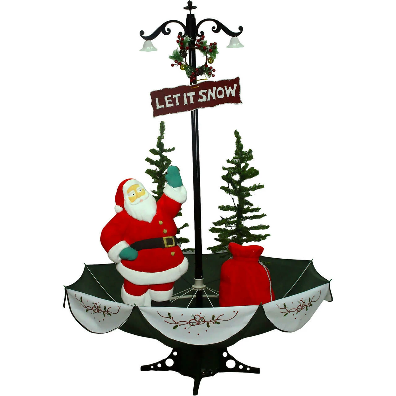 Fraser Hill Farm Let It Snow Series 47-In. Red Santa With Green Umbrella Base, Animated Musical Snow Decoration 1 Fraser Hill Farm Let It Snow Series 47-In. Red Santa With Green Umbrella Base, Animated Musical Snow Decoration