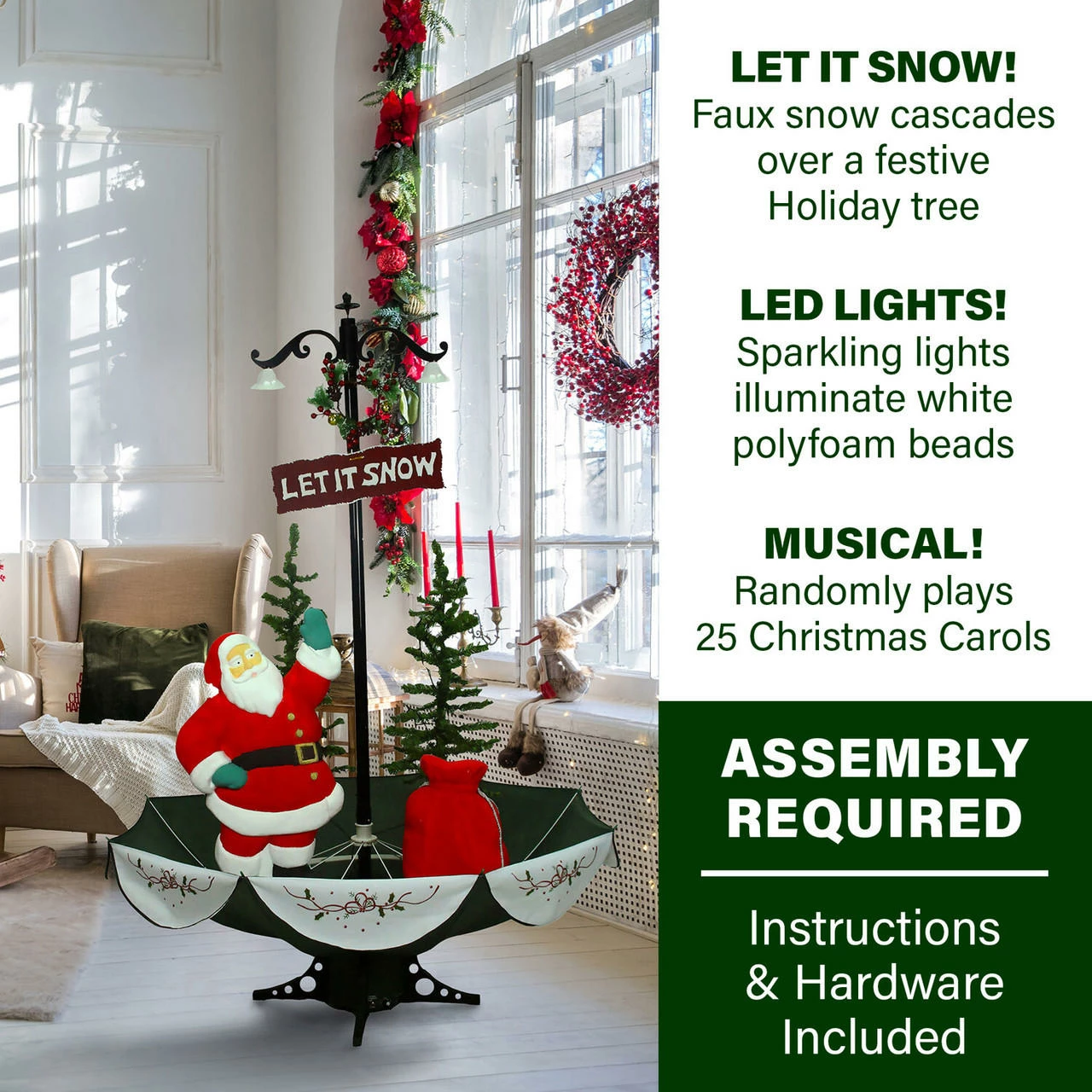 Fraser Hill Farm Let It Snow Series 47-In. Red Santa With Green Umbrella Base, Animated Musical Snow Decoration 3 Fraser Hill Farm Let It Snow Series 47-In. Red Santa With Green Umbrella Base, Animated Musical Snow Decoration - Image 3