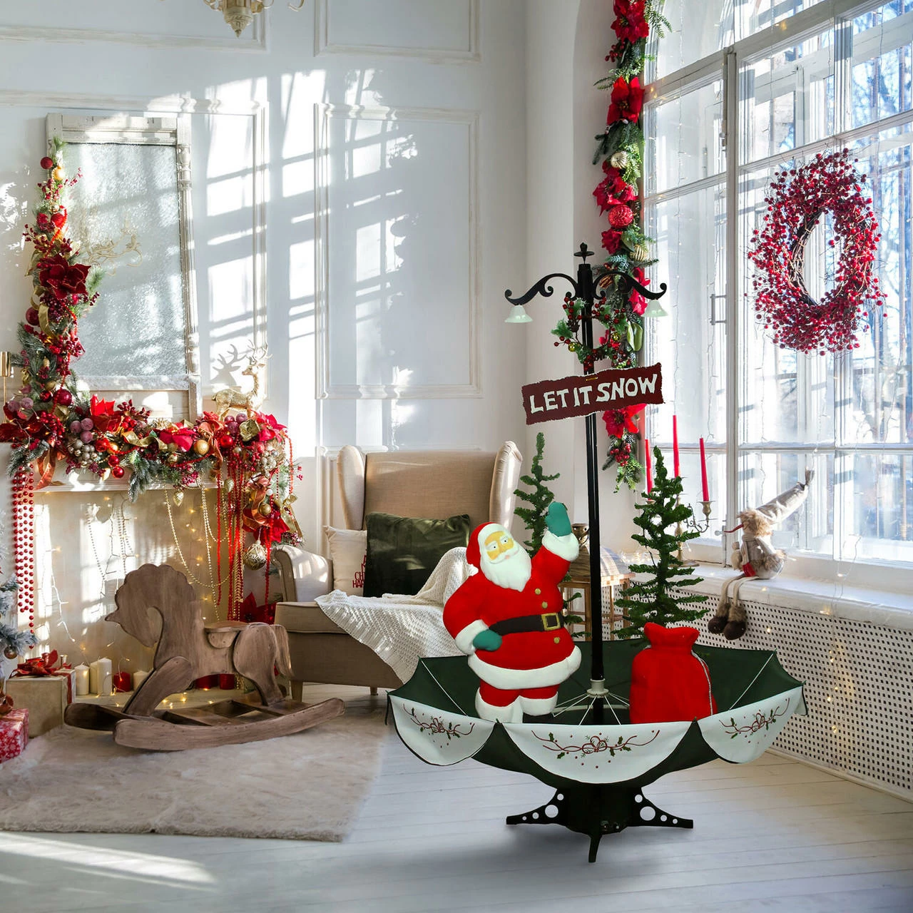 Fraser Hill Farm Let It Snow Series 47-In. Red Santa With Green Umbrella Base, Animated Musical Snow Decoration 6 Fraser Hill Farm Let It Snow Series 47-In. Red Santa With Green Umbrella Base, Animated Musical Snow Decoration - Image 6