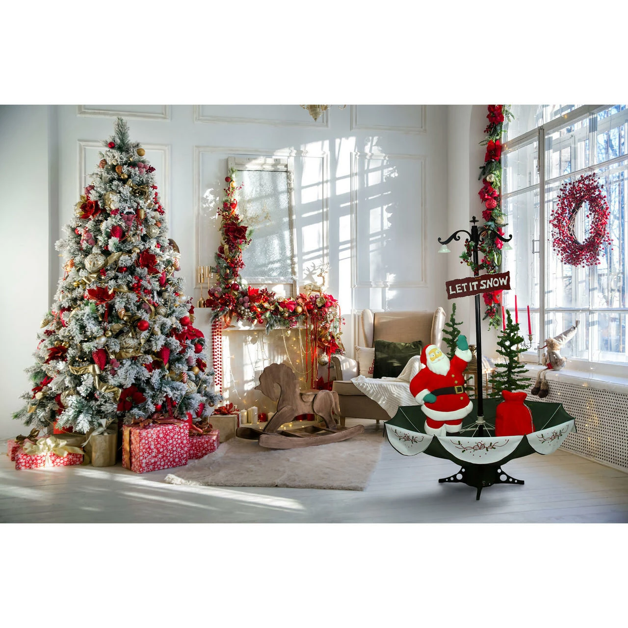 Fraser Hill Farm Let It Snow Series 47-In. Red Santa With Green Umbrella Base, Animated Musical Snow Decoration 8 Fraser Hill Farm Let It Snow Series 47-In. Red Santa With Green Umbrella Base, Animated Musical Snow Decoration - Image 8
