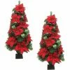 Fraser Hill Farm Set Of 2, 4-Ft. Christmas Porch Trees, Velvet Poinsettia Blooms, Leaf Accents