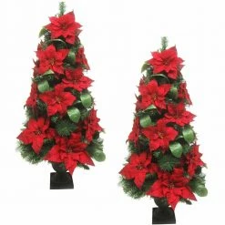 Fraser Hill Farm Set Of 2, 4-Ft. Christmas Porch Trees, Velvet Poinsettia Blooms, Leaf Accents