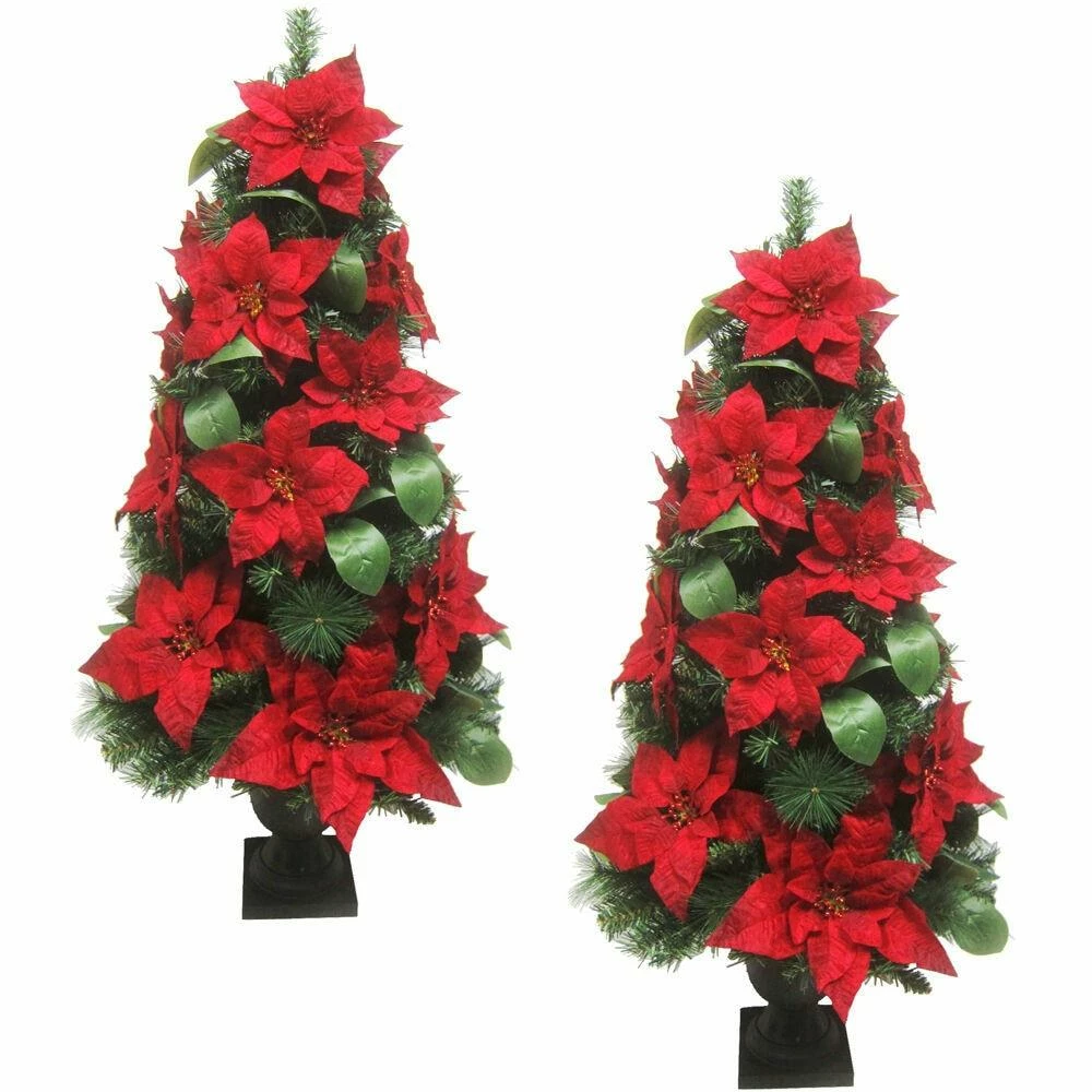 Fraser Hill Farm Set Of 2, 4-Ft. Christmas Porch Trees, Velvet Poinsettia Blooms, Leaf Accents 1 Fraser Hill Farm Set Of 2, 4-Ft. Christmas Porch Trees, Velvet Poinsettia Blooms, Leaf Accents