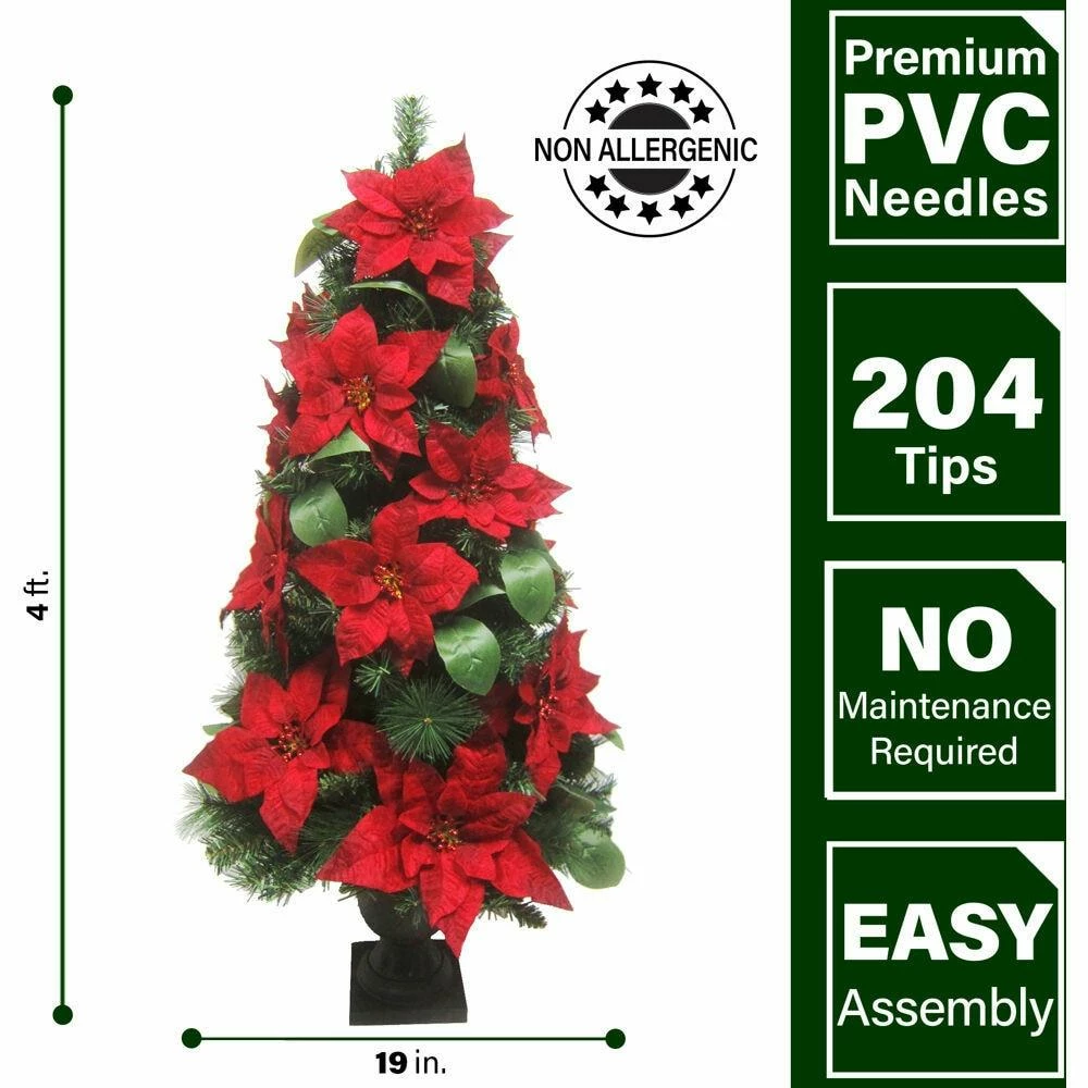 Fraser Hill Farm Set Of 2, 4-Ft. Christmas Porch Trees, Velvet Poinsettia Blooms, Leaf Accents 2 Fraser Hill Farm Set Of 2, 4-Ft. Christmas Porch Trees, Velvet Poinsettia Blooms, Leaf Accents - Image 2