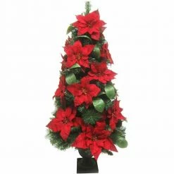 Fraser Hill Farm 4-Ft. Christmas Porch Tree W/ Velvet Poinsettia Blooms, Leaf Accents, Various Lighting Options