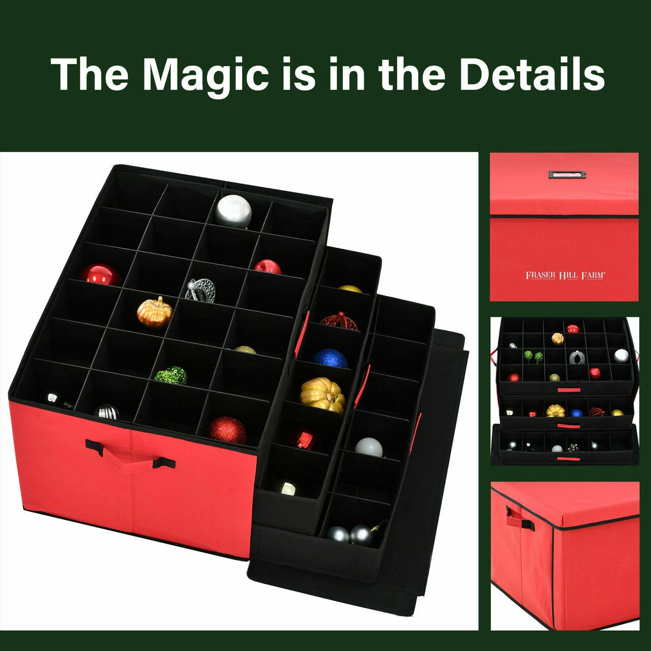 Fraser Hill Farm Christmas Ornament Storage Box W/ 3 Drawers, Removable Dividers, Red 2 Fraser Hill Farm Christmas Ornament Storage Box W/ 3 Drawers, Removable Dividers, Red - Image 2