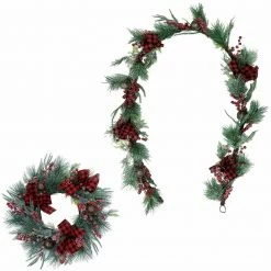 Fraser Hill Farm Frosted 24-in Wreath And 9-ft Garland Set W/ Red Berries, Plaid Bows, Rustic Bells
