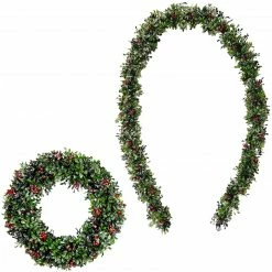 Fraser Hill Farm Frosted Faux Boxwood 20-in. Wreath And 9-ft. Garland Set W/ Red Berries