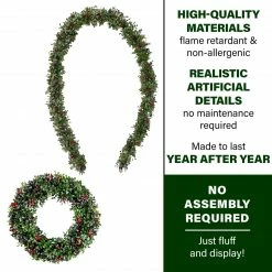 Alternative view of Fraser Hill Farm Frosted Faux Boxwood 20-in. Wreath And 9-ft. Garland Set W/ Red Berries