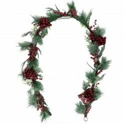 Fraser Hill Farm 9-Ft. Frosted Christmas Garland W/ Red Berries, Plaid Bows, Rustic Sleigh Bells
