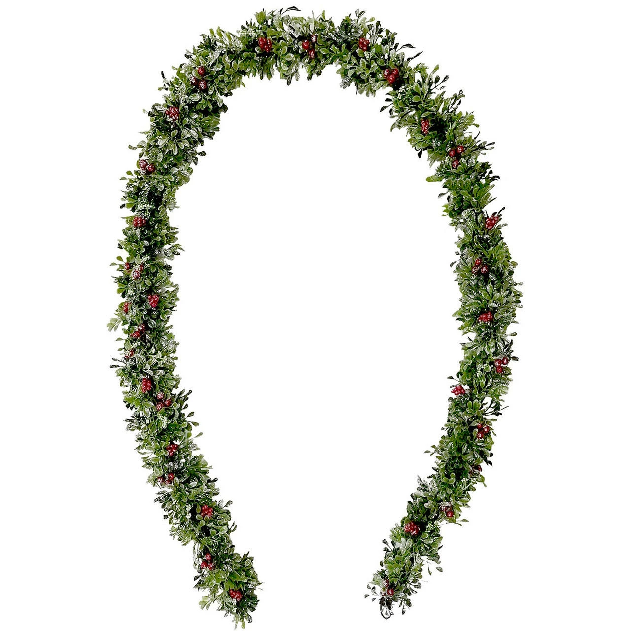 Fraser Hill Farm 9-Ft. Frosted Faux Boxwood Christmas Garland With Red Berries 1 Fraser Hill Farm 9-Ft. Frosted Faux Boxwood Christmas Garland With Red Berries