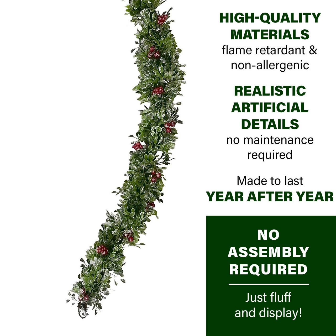 Fraser Hill Farm 9-Ft. Frosted Faux Boxwood Christmas Garland With Red Berries 3 Fraser Hill Farm 9-Ft. Frosted Faux Boxwood Christmas Garland With Red Berries - Image 3