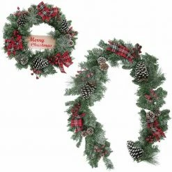 Fraser Hill Farm 24-in. Wreath And 6-ft. Garland Set, Snow Flocked W/ Pinecones And Bows