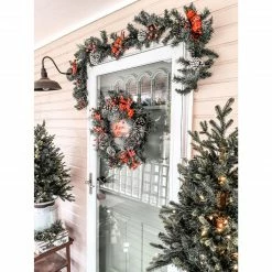 Fraser Hill Farm 6-Ft. Christmas Lightly Frosted Garland W/ Pinecones, Berries, And Plaid Bows -Christmas store unnamed file 705