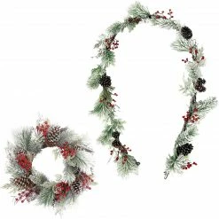 Fraser Hill Farm Frosted Pine 24-in. Wreath And 9-ft. Garland Set With Red Berries And Pinecones