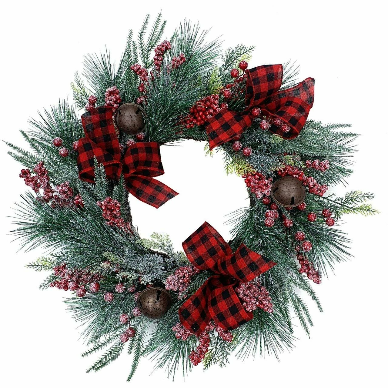 Fraser Hill Farm 24-In. Frosted Wreath With Red Berries, Plaid Bows, And Rustic Sleigh Bells 1 Fraser Hill Farm 24-In. Frosted Wreath With Red Berries, Plaid Bows, And Rustic Sleigh Bells