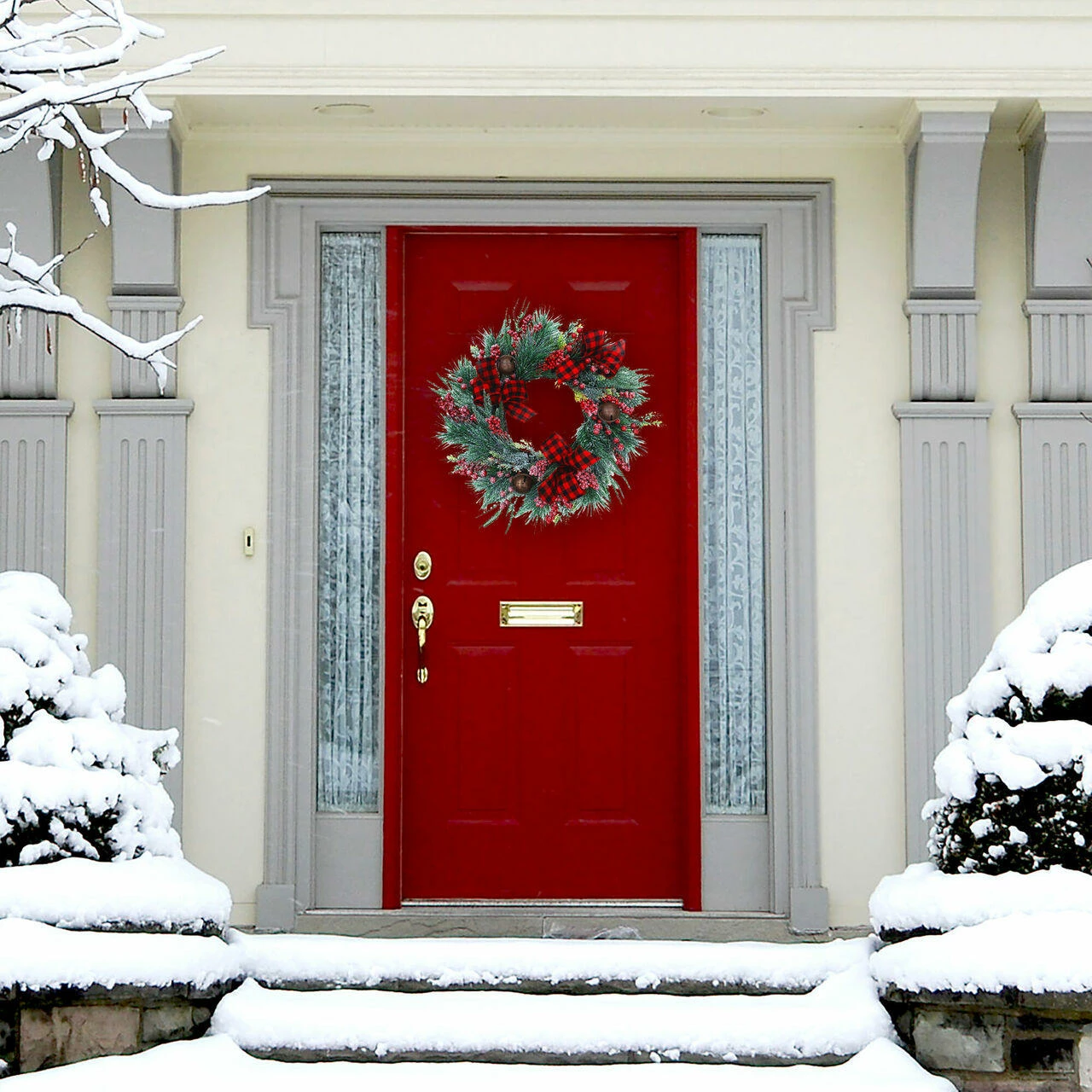 Fraser Hill Farm 24-In. Frosted Wreath With Red Berries, Plaid Bows, And Rustic Sleigh Bells 2 Fraser Hill Farm 24-In. Frosted Wreath With Red Berries, Plaid Bows, And Rustic Sleigh Bells - Image 2