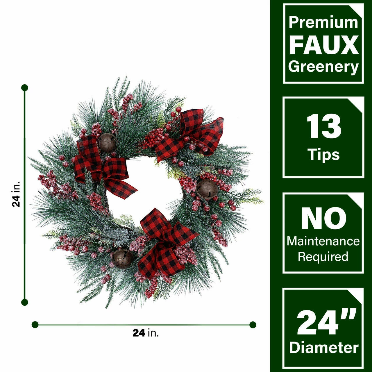 Fraser Hill Farm 24-In. Frosted Wreath With Red Berries, Plaid Bows, And Rustic Sleigh Bells 3 Fraser Hill Farm 24-In. Frosted Wreath With Red Berries, Plaid Bows, And Rustic Sleigh Bells - Image 3