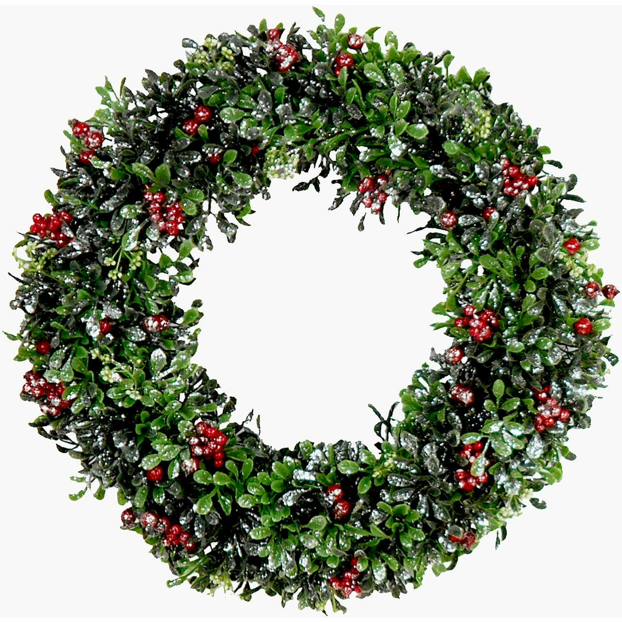 Fraser Hill Farm 20-In. Frosted Faux Boxwood Wreath With Red Berries 1 Fraser Hill Farm 20-In. Frosted Faux Boxwood Wreath With Red Berries
