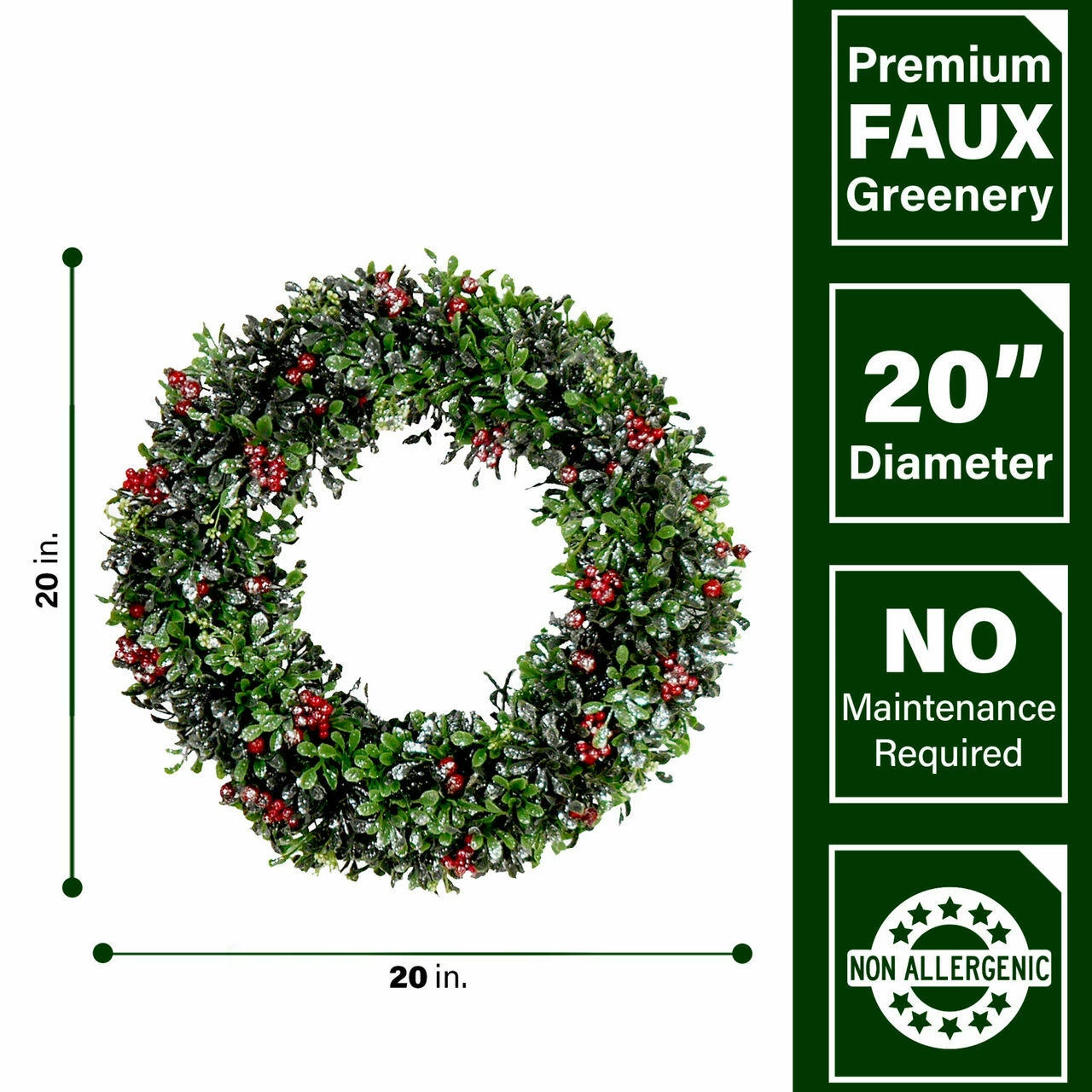 Fraser Hill Farm 20-In. Frosted Faux Boxwood Wreath With Red Berries 3 Fraser Hill Farm 20-In. Frosted Faux Boxwood Wreath With Red Berries - Image 3