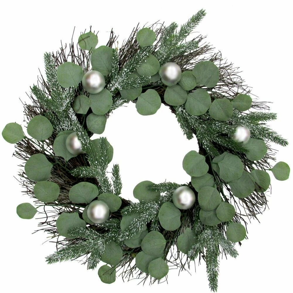 Fraser Hill Farm 24-in. Christmas Eucalyptus Wreath W/ Ornaments And Frosted Pine Branches 1 Fraser Hill Farm 24-in. Christmas Eucalyptus Wreath W/ Ornaments And Frosted Pine Branches