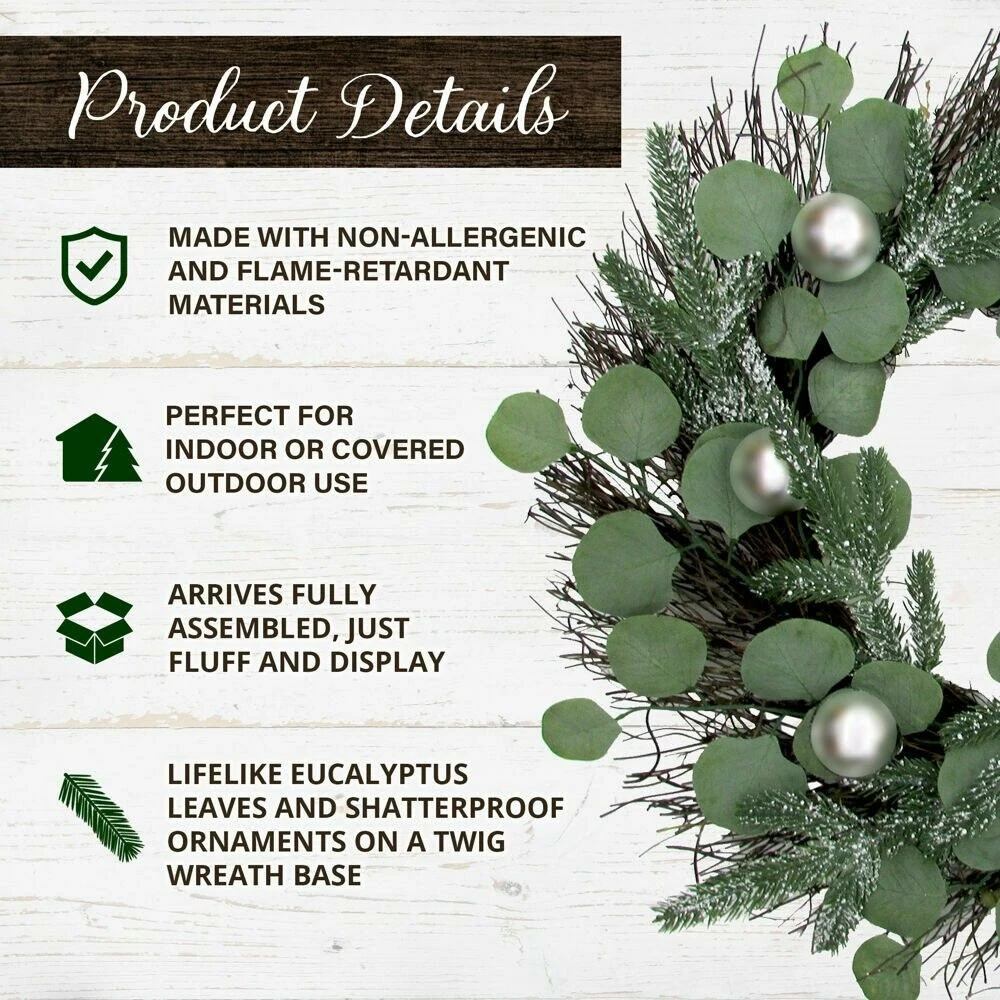 Fraser Hill Farm 24-in. Christmas Eucalyptus Wreath W/ Ornaments And Frosted Pine Branches 2 Fraser Hill Farm 24-in. Christmas Eucalyptus Wreath W/ Ornaments And Frosted Pine Branches - Image 2
