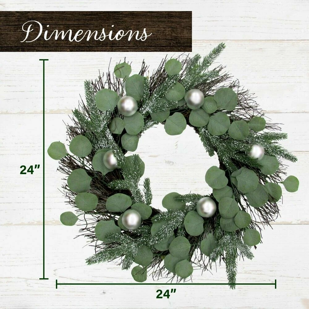 Fraser Hill Farm 24-in. Christmas Eucalyptus Wreath W/ Ornaments And Frosted Pine Branches 3 Fraser Hill Farm 24-in. Christmas Eucalyptus Wreath W/ Ornaments And Frosted Pine Branches - Image 3