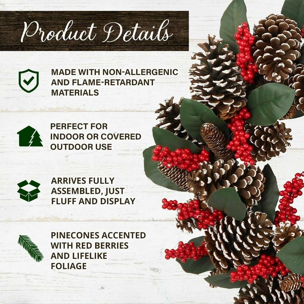 Fraser Hill Farm 24-in. Christmas Pinecone Wreath With Red Berries 2 Fraser Hill Farm 24-in. Christmas Pinecone Wreath With Red Berries - Image 2