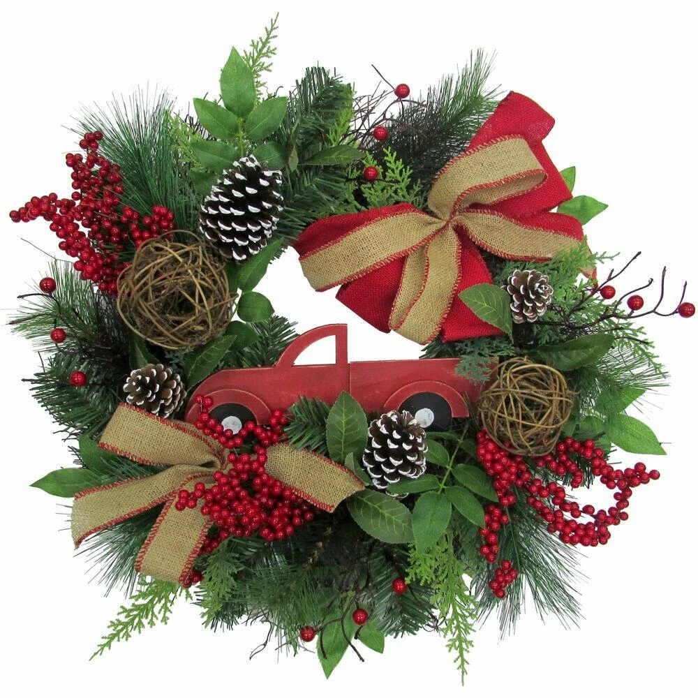 Fraser Hill Farm 24-in. Christmas Wreath W/ Pinecones, Burlap Bows And Wooden Truck Decoration 1 Fraser Hill Farm 24-in. Christmas Wreath W/ Pinecones, Burlap Bows And Wooden Truck Decoration