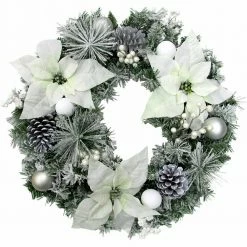 Fraser Hill Farm 24-in. Christmas Frost Covered Wreath W/ White Poinsettia Blooms, Ornaments And Pinecones