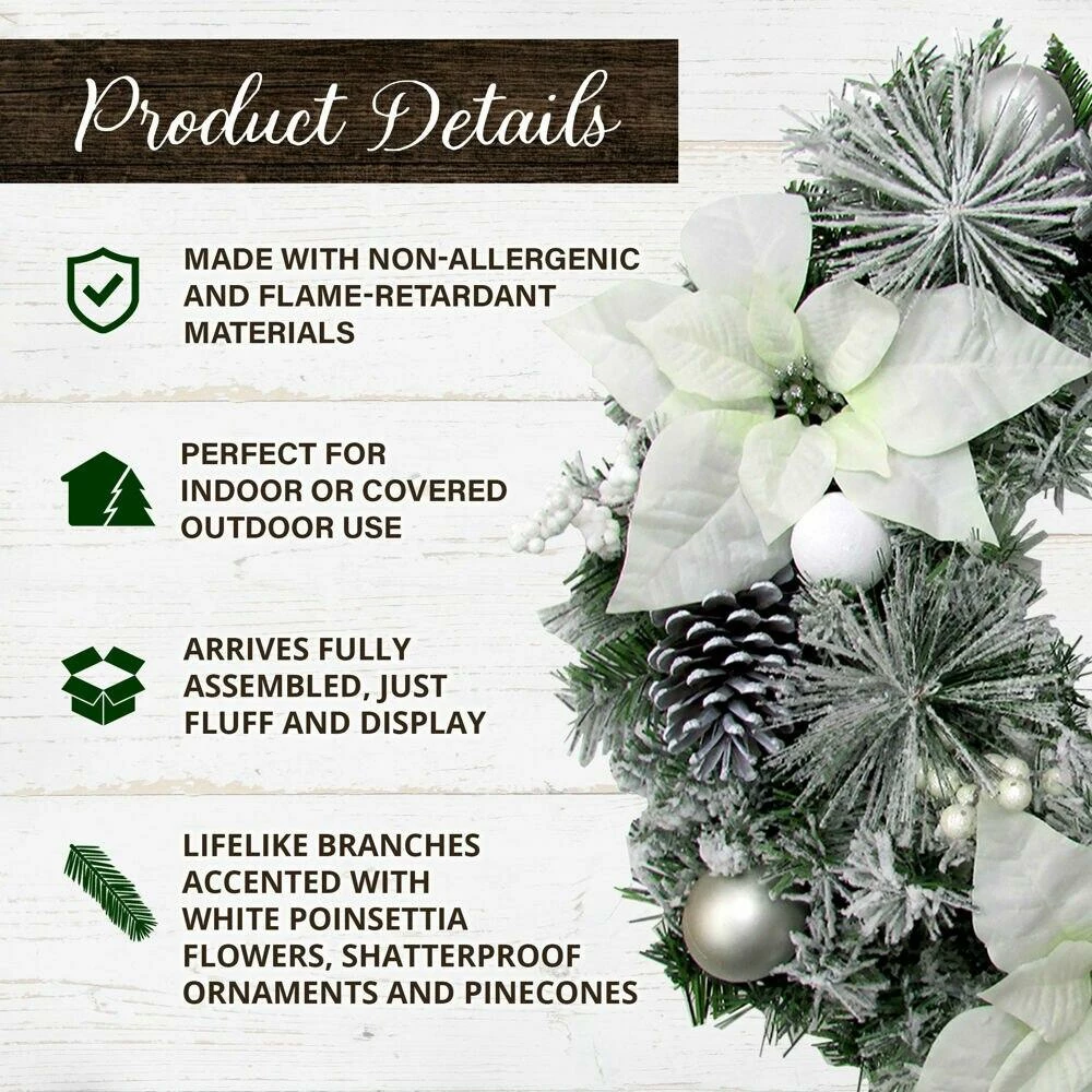 Fraser Hill Farm 24-in. Christmas Frost Covered Wreath W/ White Poinsettia Blooms, Ornaments And Pinecones 2 Fraser Hill Farm 24-in. Christmas Frost Covered Wreath W/ White Poinsettia Blooms, Ornaments And Pinecones - Image 2