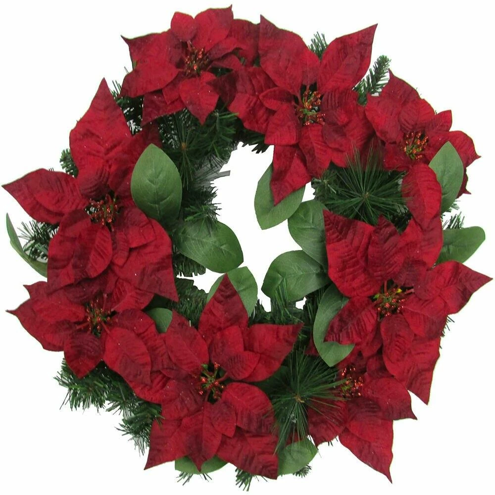 Fraser Hill Farm 24-in. Christmas Wreath With Velvet Poinsettia Blooms And Leaves 1 Fraser Hill Farm 24-in. Christmas Wreath With Velvet Poinsettia Blooms And Leaves