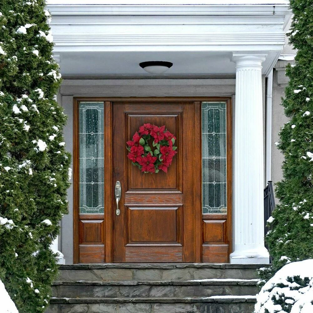 Fraser Hill Farm 24-in. Christmas Wreath With Velvet Poinsettia Blooms And Leaves 4 Fraser Hill Farm 24-in. Christmas Wreath With Velvet Poinsettia Blooms And Leaves - Image 4